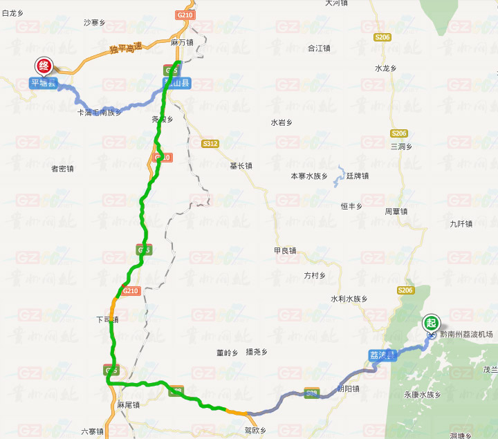 荔波機(jī)場(chǎng)到平塘縣的交通示意圖